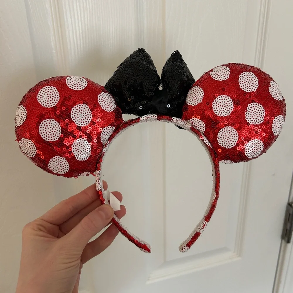 Disney Red and White Polka Dot Sequin Minnie Mickey Ears with Black‎ Bow